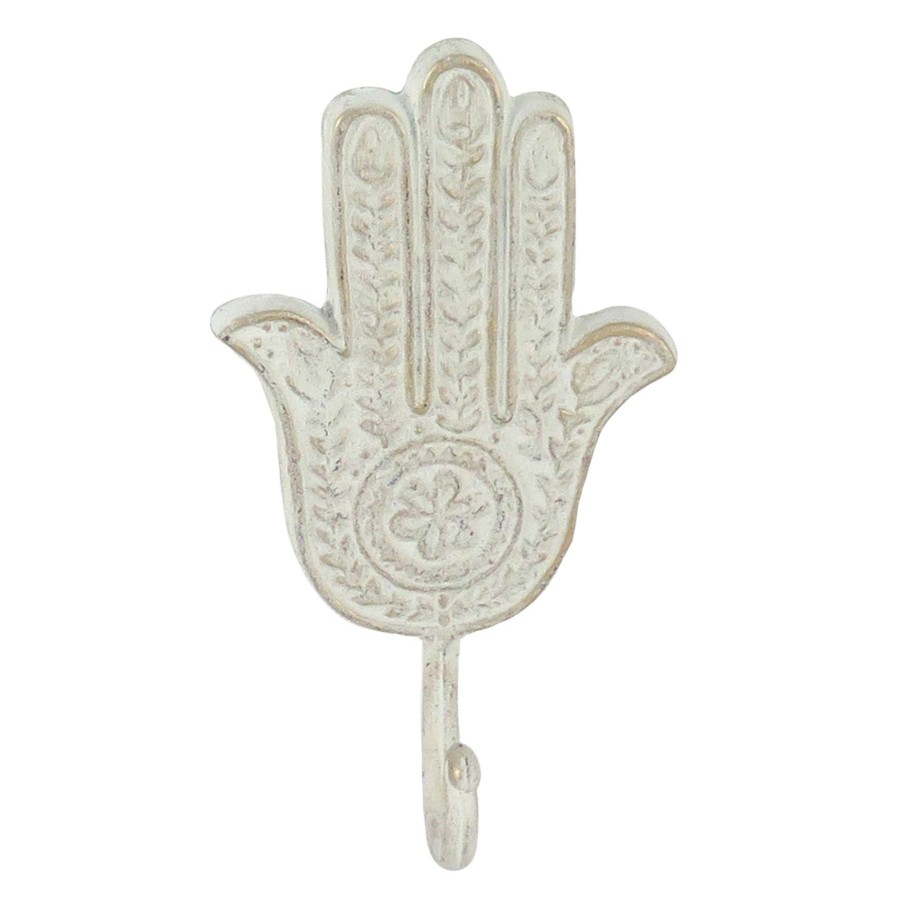 Wall Accents * | White Metal Hamsa Hook, 8 Absolute Quality