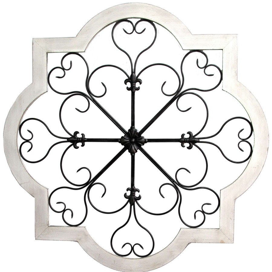 Wall Art * | Honeybloom Barbed Quatrefoil Scroll Medallion White Wood Wall Decor, 36 Glamor Model