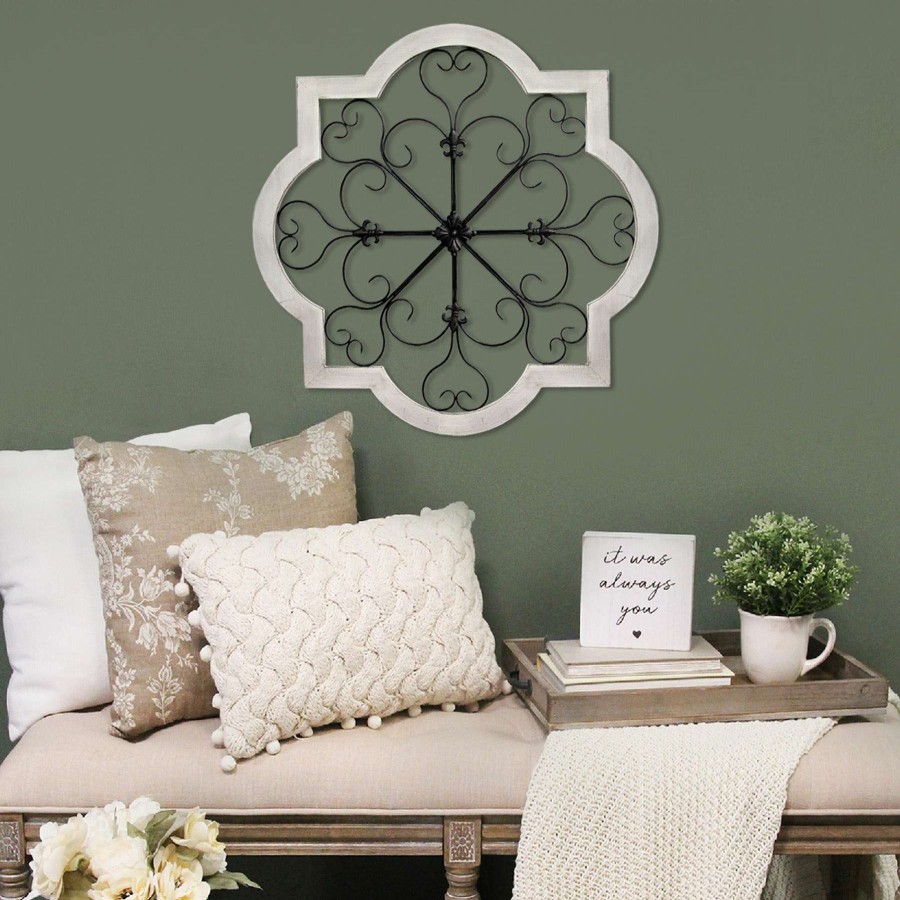 Wall Art * | Honeybloom Barbed Quatrefoil Scroll Medallion White Wood Wall Decor, 36 Glamor Model