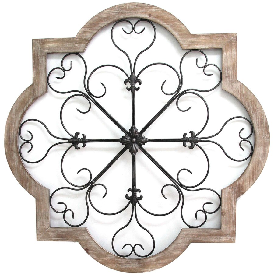 Wall Art * | Honeybloom Barbed Quatrefoil Scroll Medallion Natural Wood Wall Decor, 36 Special Design