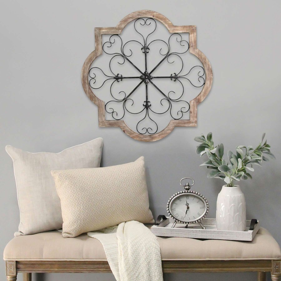 Wall Art * | Honeybloom Barbed Quatrefoil Scroll Medallion Natural Wood Wall Decor, 36 Special Design