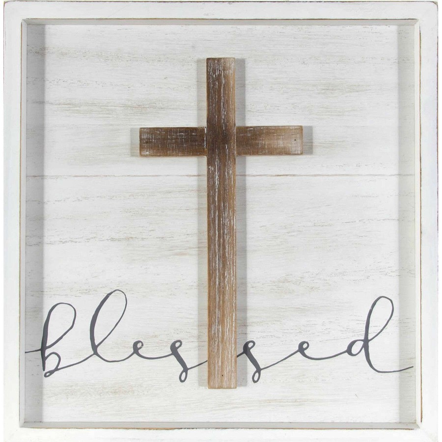 Wall Art * | 10X10 Blessed Inverted Wood Box With Lifted Cross At Lower Price