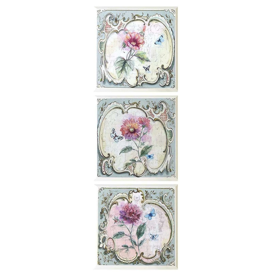 Wall Art * | 8X8 3-Pc Antique Floral Art Wood Plaques Promotion