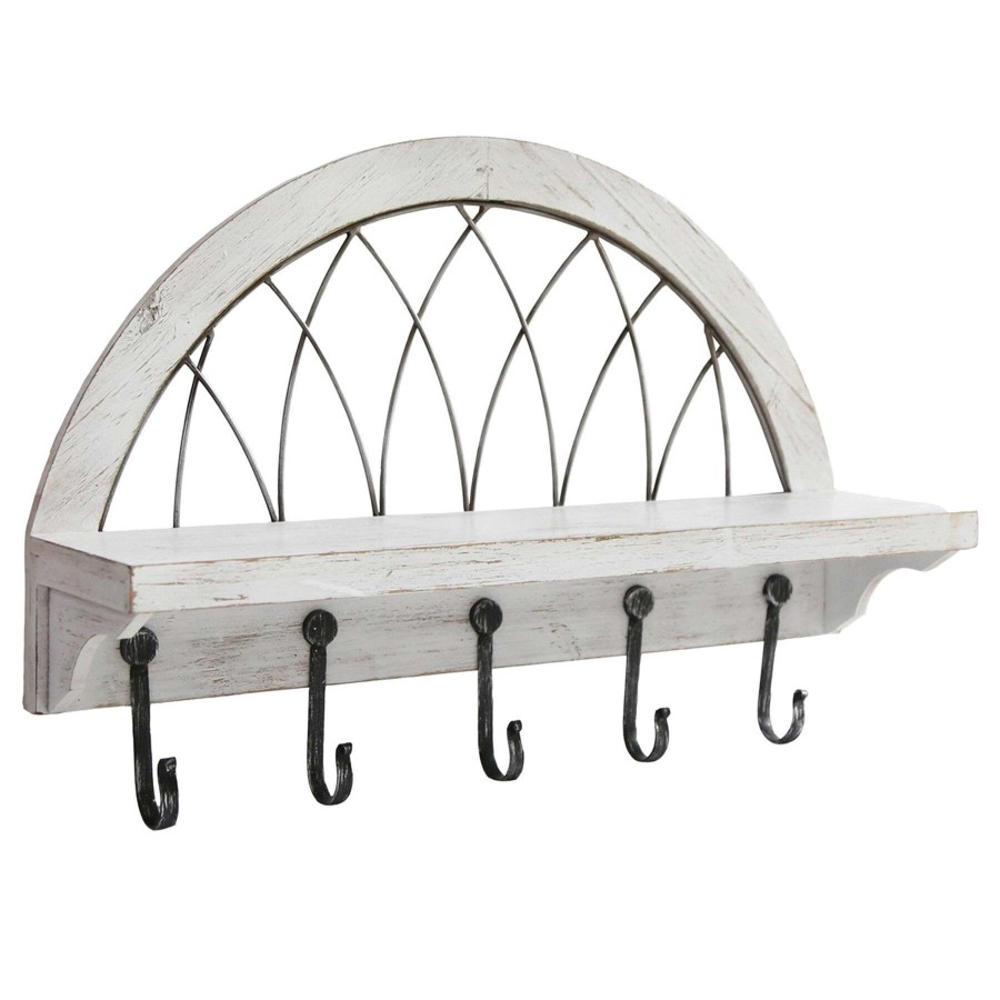 Wall Accents * | Metal Wood White Arch Shelf With Hooks, 24 16 Delicate Design