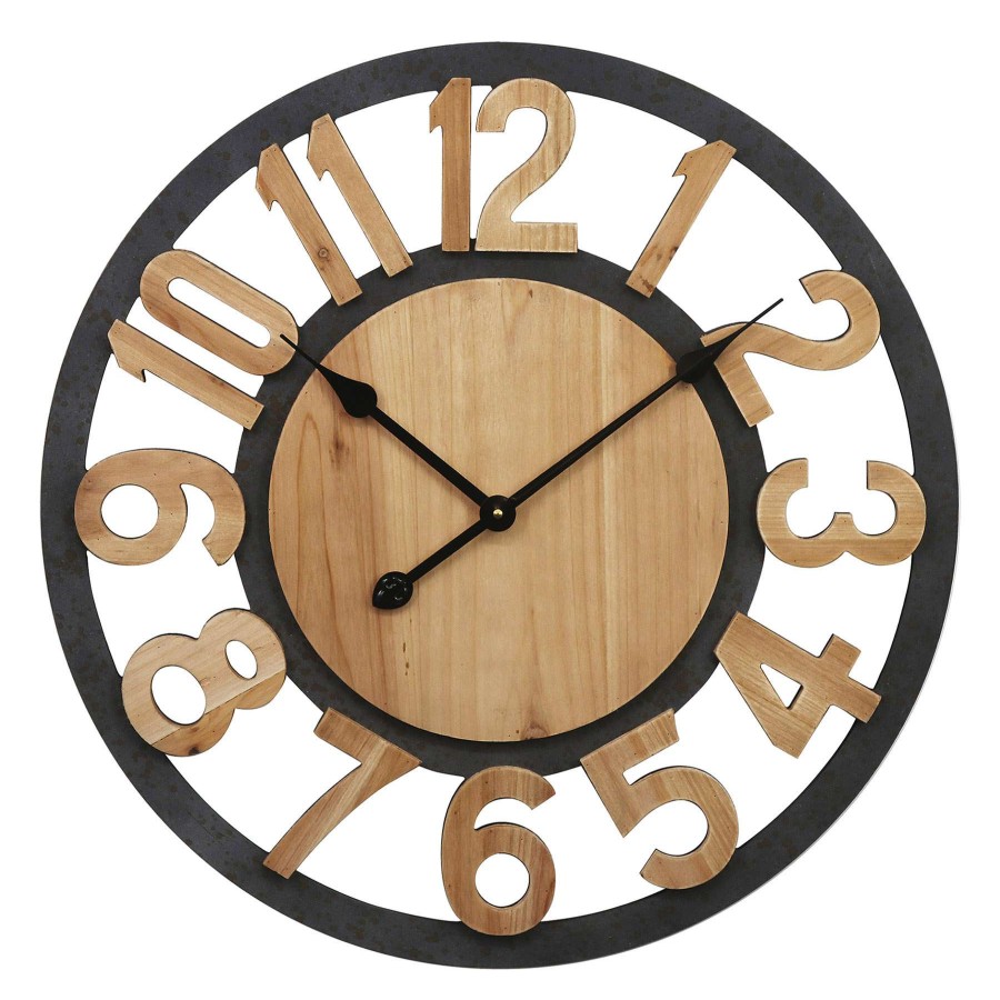 Clocks * | Metal & Wooden Cutout Round Wall Clock, 24 At Discount Prices