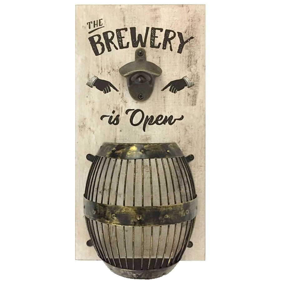 Wall Art * | 8X15 White Bottle Opener With Barrel Cap Catcher The Brewery Is Open Sale Online