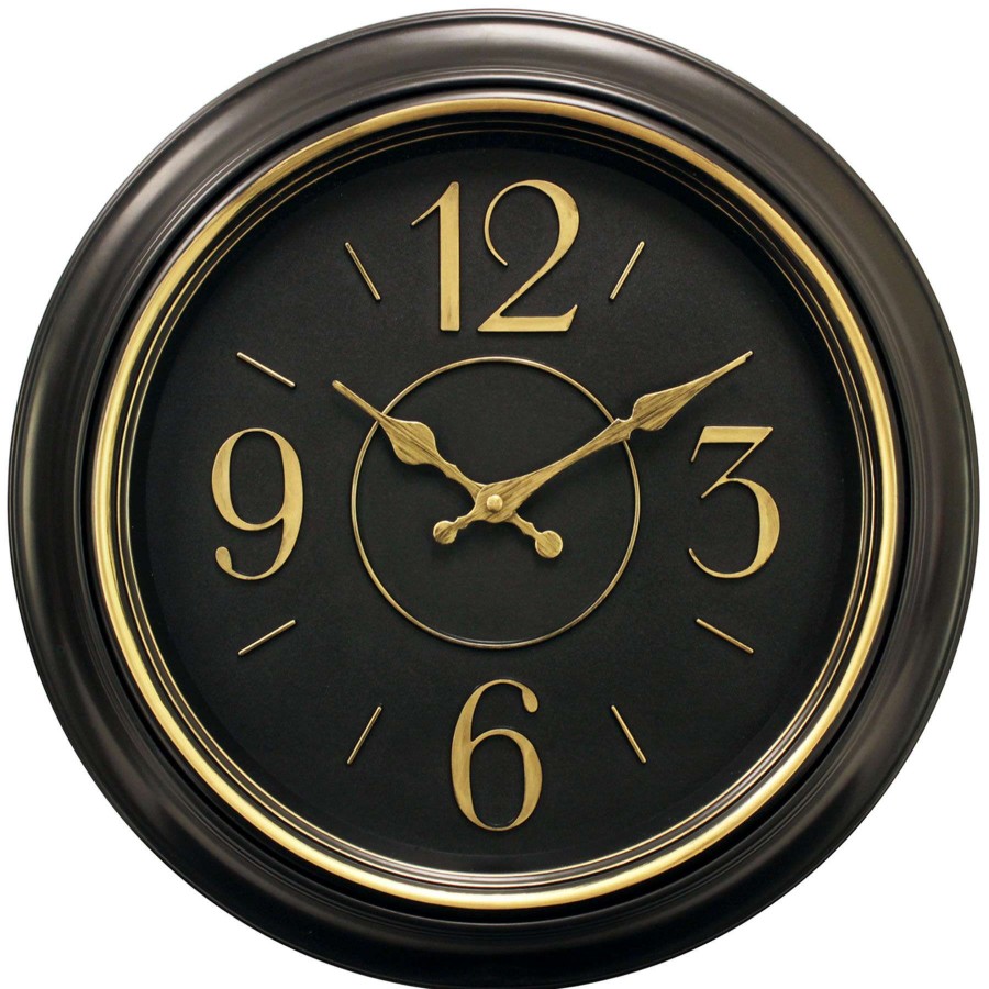 Clocks * | 16In. Black/Gold Round Wall Clock With 3D Numbers The Varied Pattern