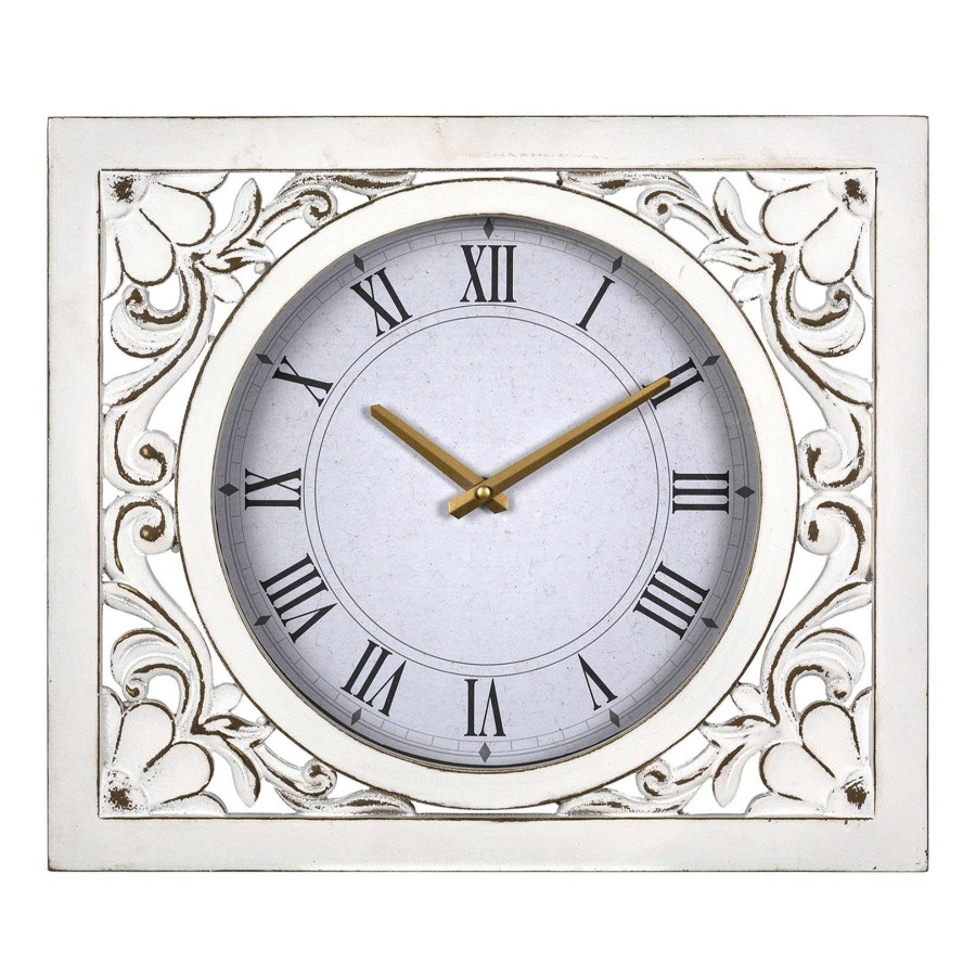 Clocks * | Grace Mitchell Carved Wood Square Wall Clock, 14.5 17 Absolute Quality