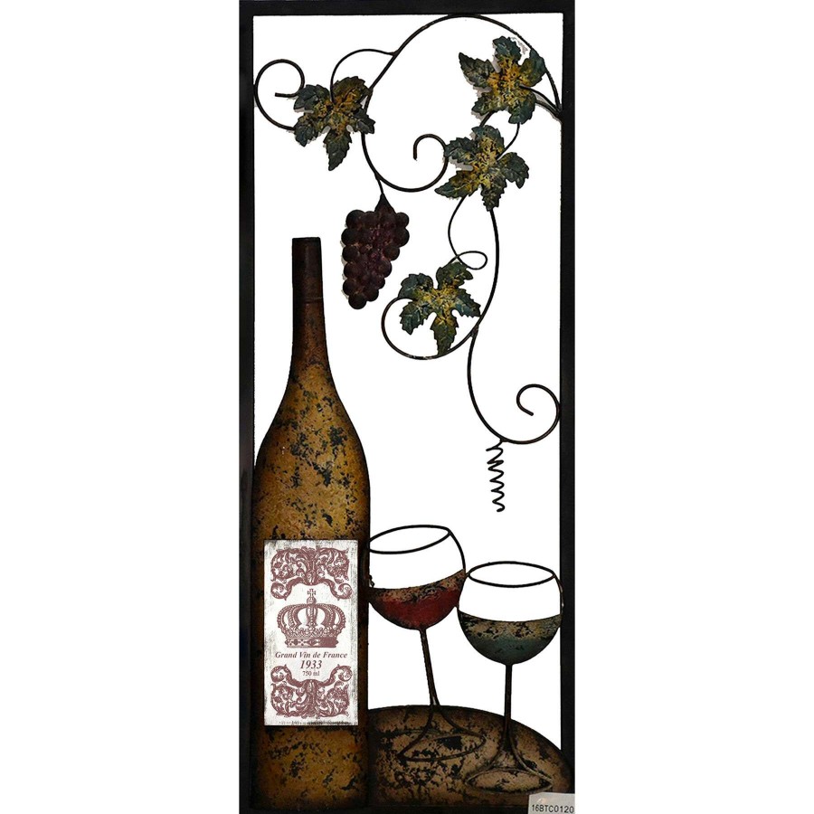 Wall Art * | 13X32 Metal Wine Bottle Left With Two Glasses Wall Decor The Latest Fashion