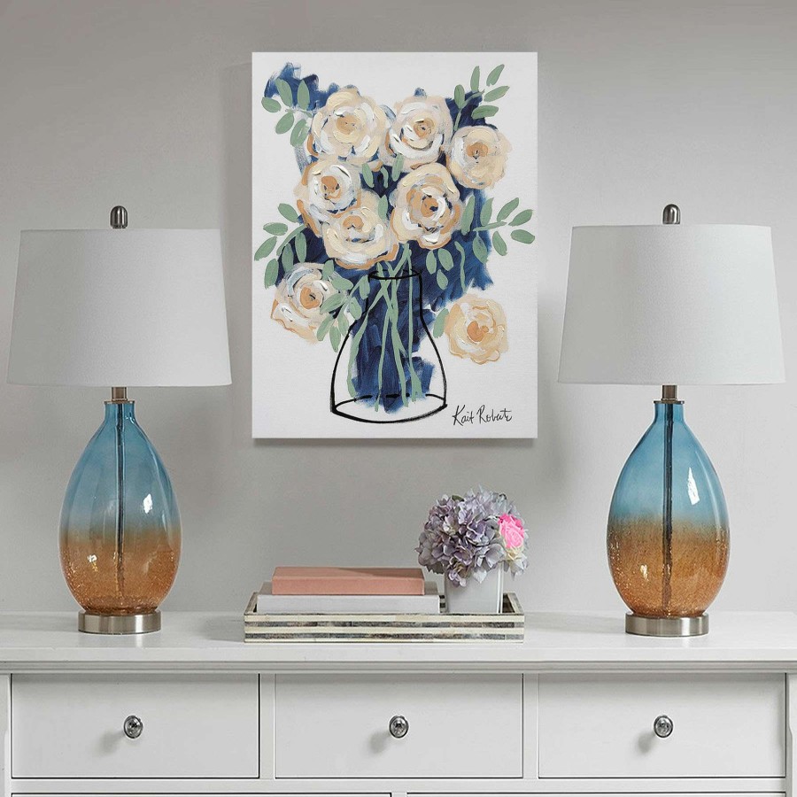 Wall Art * | Cream/Blue Floral Canvas Wall Art, 12 16 Shoping Model