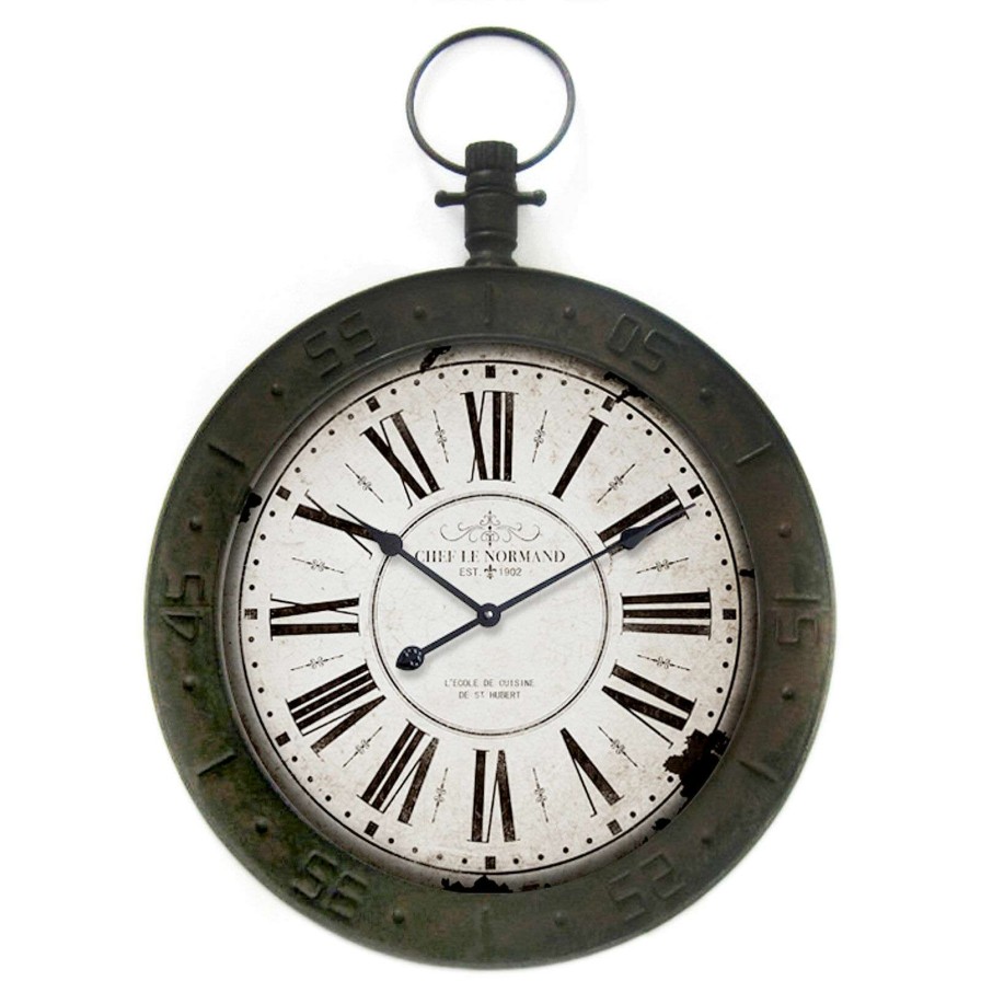 Clocks * | 24X34 Metal Wood Distressed Finish Compass Wall Clock Affordable Price