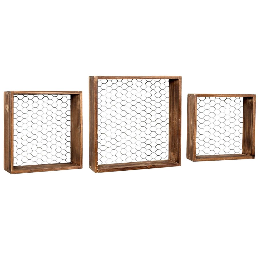 Wall Accents * | 14In. Brown Wood 3-Piece Cube Chicken Wire Shelf Set Special Design