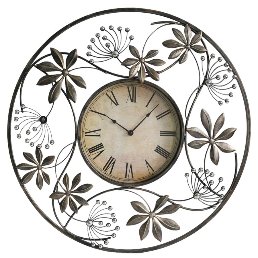 Clocks * | 28X28 Metal Round Bronze Cut Out Floral Wall Clock Superior Style