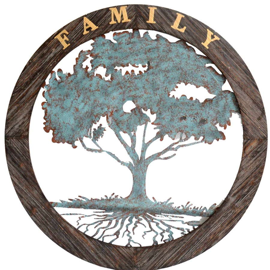 Wall Art * | 34X34 Family Tree Metal With Wood Circle Wholesale